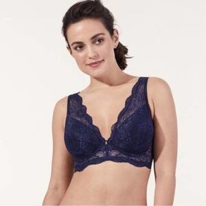 ThirdLove Longline Lace Plunge Bra Dark Blue 36E Gold Hardware